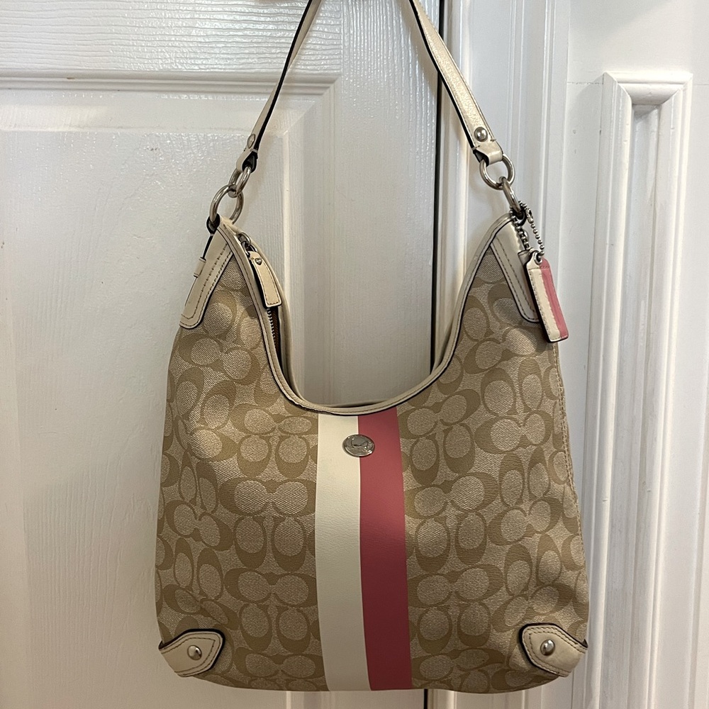 Authentic Coach Signature canvas Hobo shoulder bag with detachable long strap